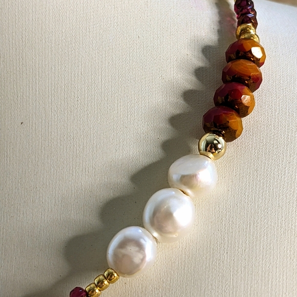 Red Rose Jade & Czech Picasso Beads And Pearl W/ Swarovski Pendant Necklace - Picture 8 of 10